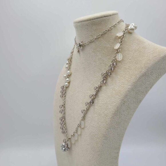 J Crew Silver Tone Faux Pearl Crystal Beads Ball Long Necklace - Picture 4 of 10